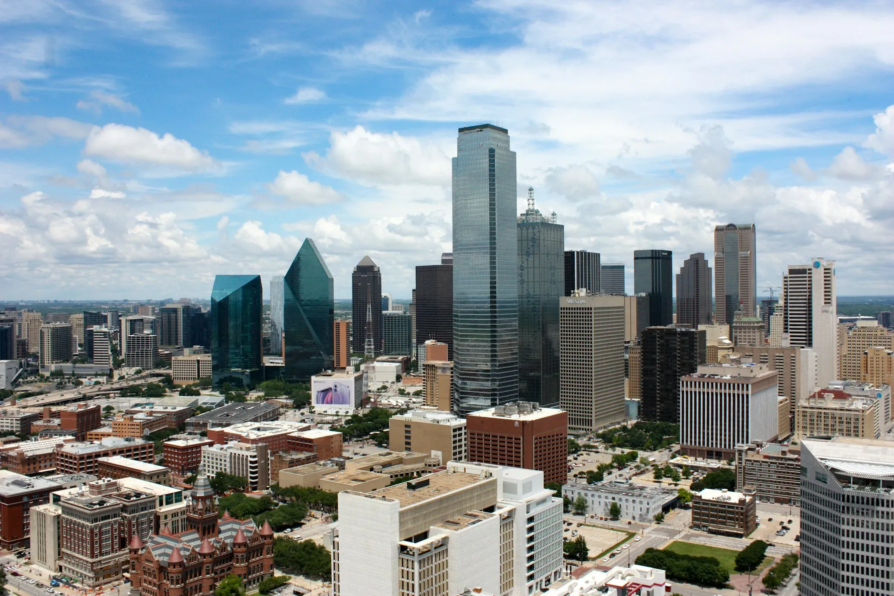 Downtown Dallas skyline under a clear blue sky